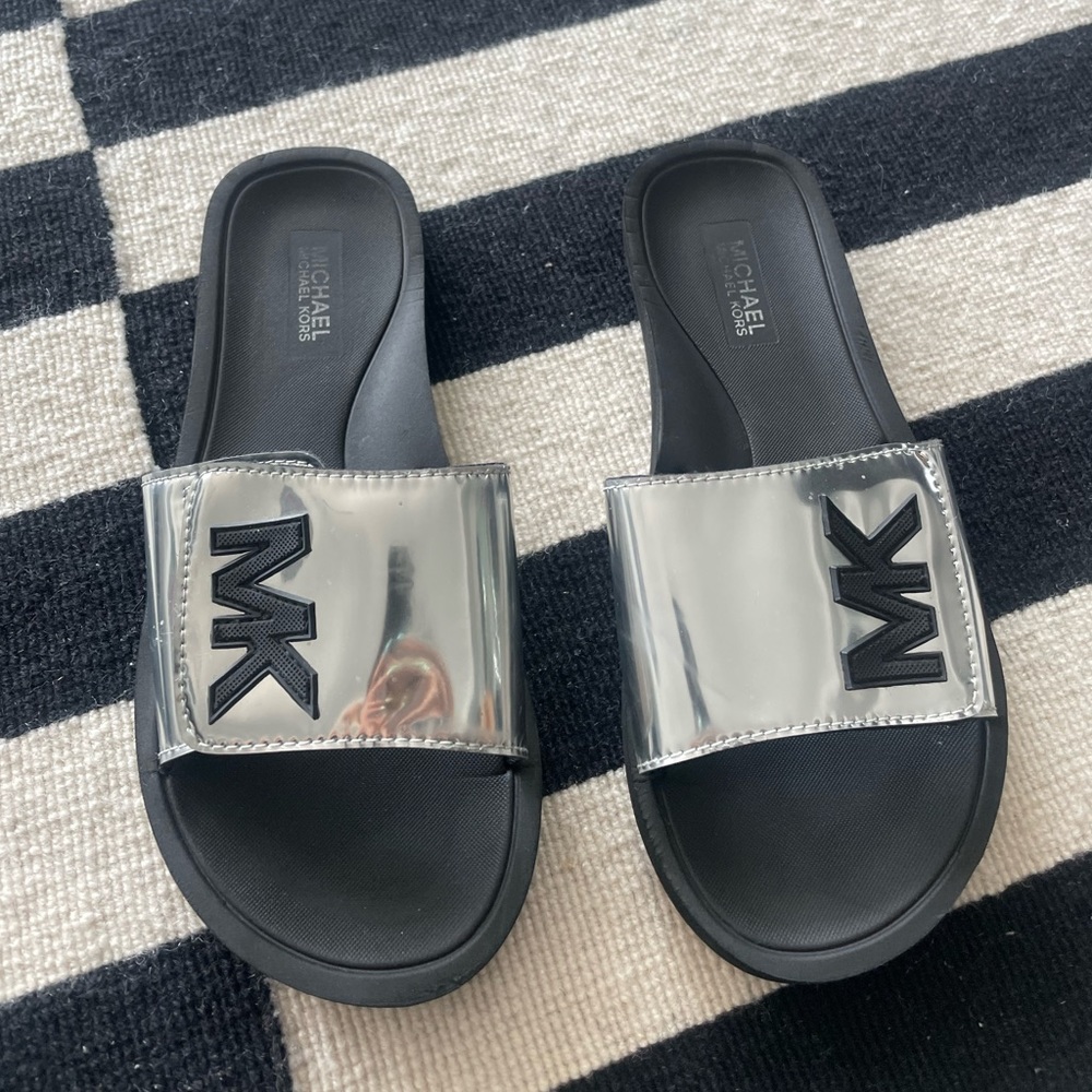 Michael Kors Silver Pool Slides